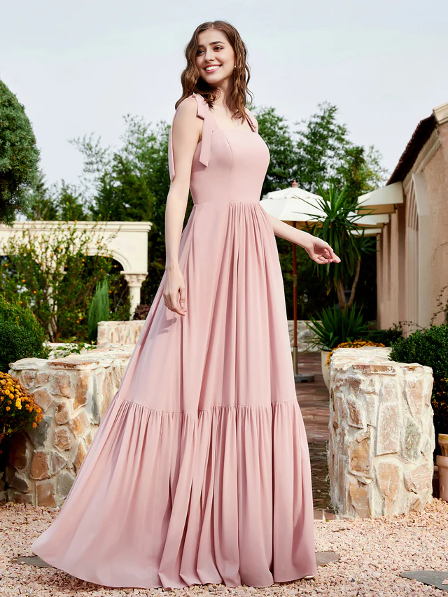 OKBBN A-line bow ruffle sleeveless chiffon bridesmaid dress