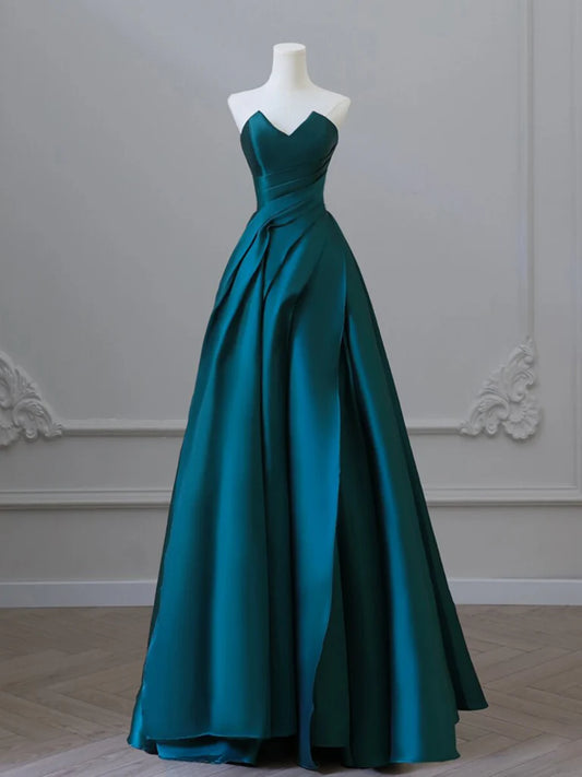 A-Line Satin Green Long Prom Dress Green Satin Long Formal Evening Dress