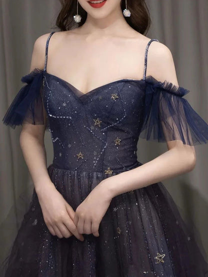 Purple sweetheart neck tulle sequin long evening dress purple evening dress