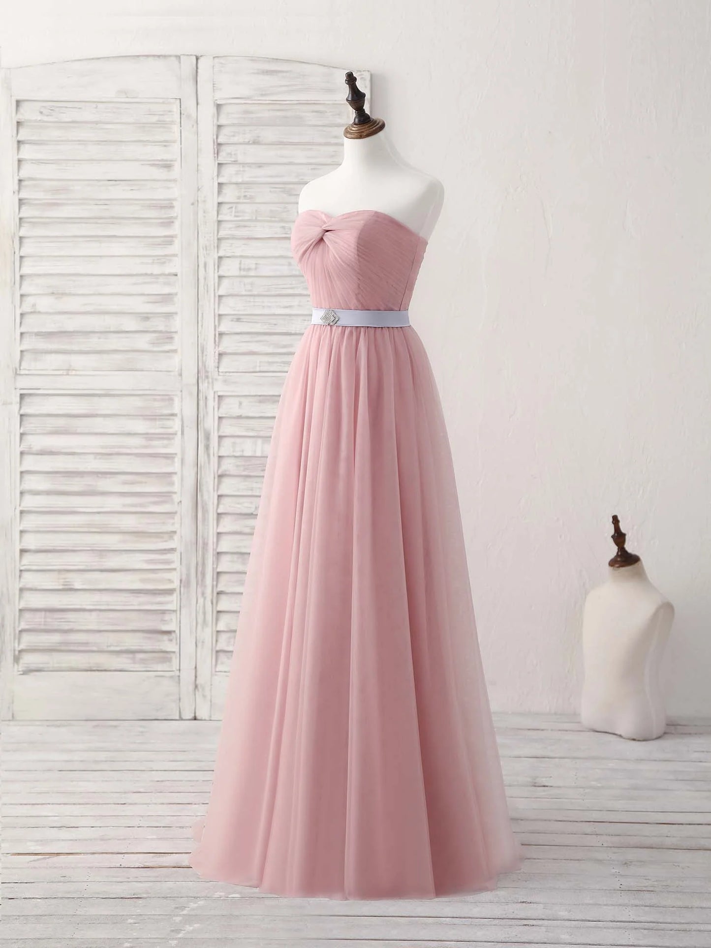 Sweetheart Neck Tulle Long Prom Dress, Aline Pink Bridesmaid Dress