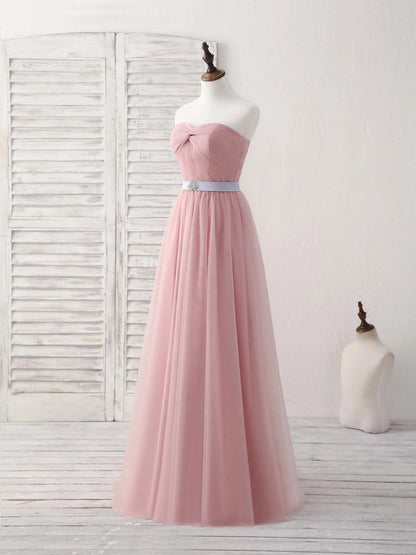 Sweetheart Neck Tulle Long Prom Dress, Aline Pink Bridesmaid Dress