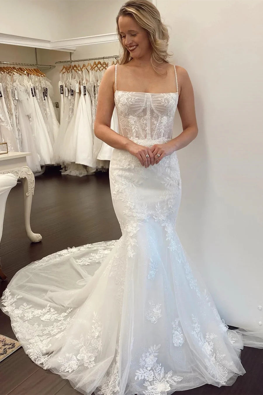 Lace Square Neck Trumpet Long Wedding Dress