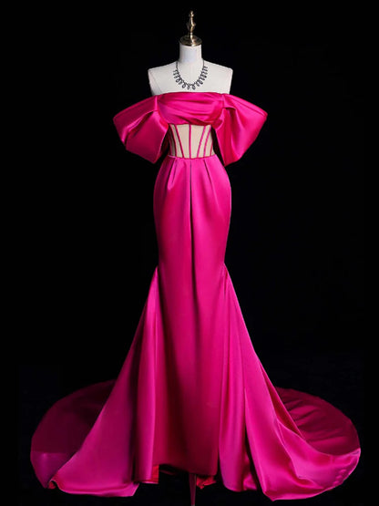 Simple Off Shoulder Mermaid Rose Red Long Evening Dress