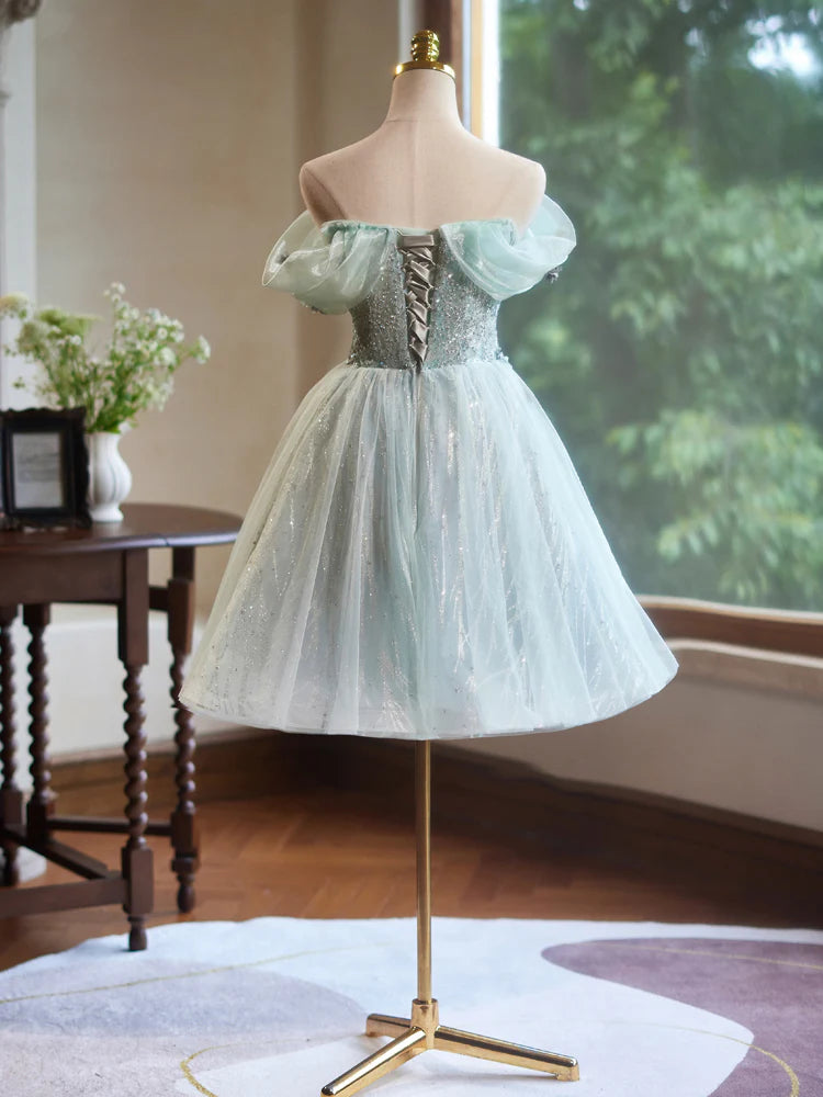 A-Line Off Shoulder Tulle Short Homecoming Dress