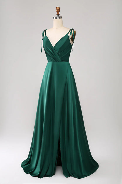 A-Line Spaghetti Straps Pleated Satin Long Dark Green Maxi Dress