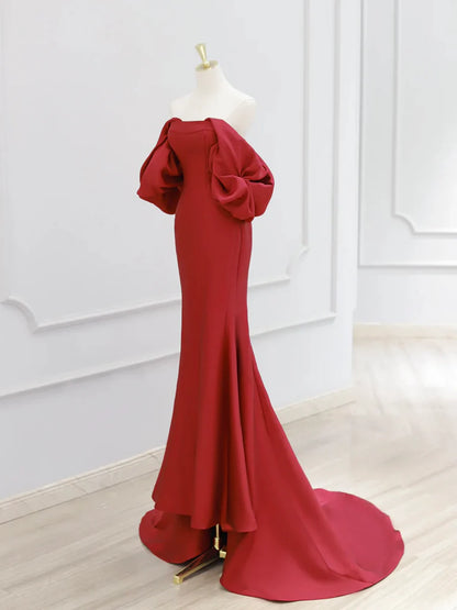 Off Shoulder Satin Dark Red Mermaid Long Prom Dress