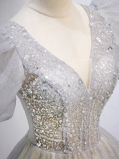 Gray v neck tulle sequin long prom dress gray tulle formal prom dress