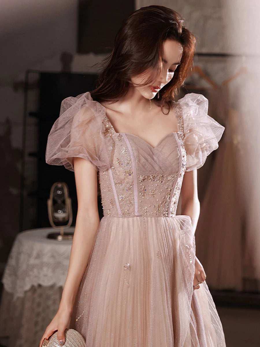 Flesh pink tulle long prom dress  tulle pink prom dress
