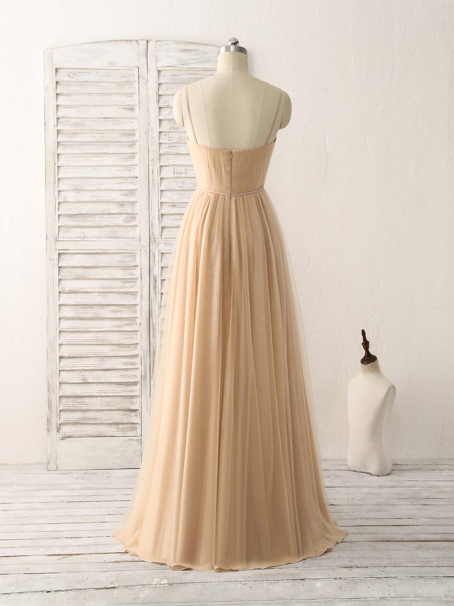 V Neck Tulle Chiffon Long Prom Dress Champagne Bridesmaid Dress