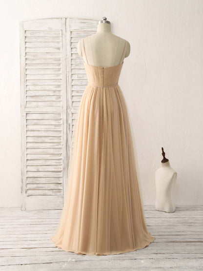 V Neck Tulle Chiffon Long Prom Dress Champagne Bridesmaid Dress