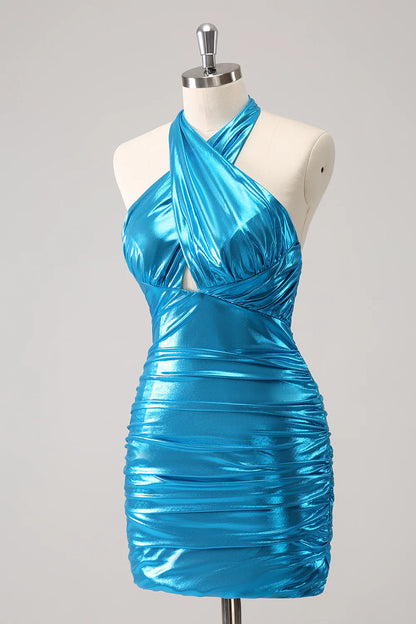 Stylish Bodycon Halter Pleated Corset Metallic Homecoming Dress