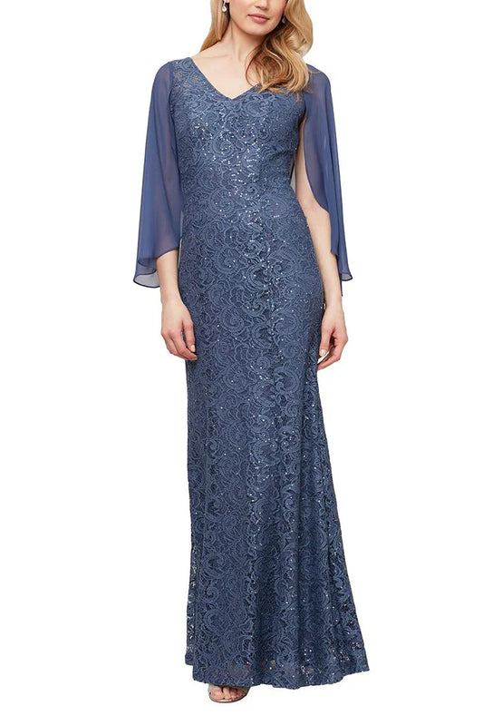 V-neck attached chiffon cape with draped back lace gown Mother of the Bride Dresses