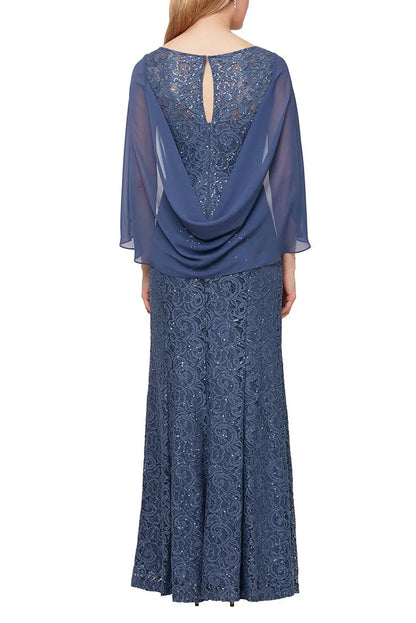 V-neck attached chiffon cape with draped back lace gown Mother of the Bride Dresses