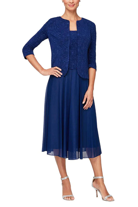 Square neck sleeveless zipper back jacquard bodice dress with matching 3/4 sleeve open front jacket