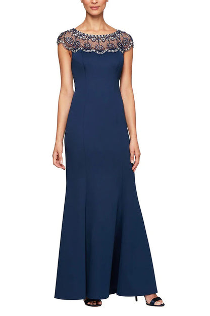 Embellished boat neck cap sleeve zipper back stretch crepe mermaid gown
