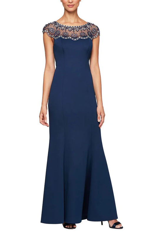 Embellished boat neck cap sleeve zipper back stretch crepe mermaid gown
