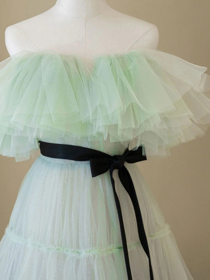 Green A line tulle long prom dress green prom dress