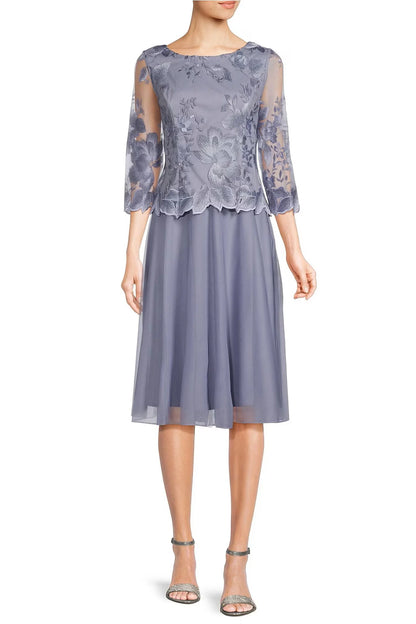 Alex Evenings boat neck 3/4 sleeve floral embroidered bodice stretch mesh dress