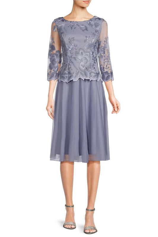 Alex Evenings boat neck 3/4 sleeve floral embroidered bodice stretch mesh dress