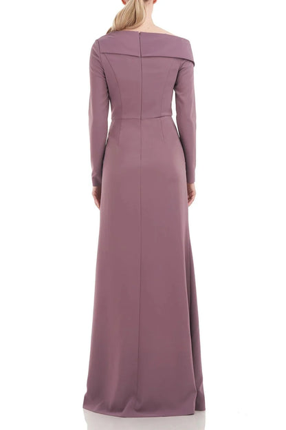 Kay Unger Asymmetrical Draped Neckline Long Sleeve Bodycon Zipper Back Stretch Crepe Dress