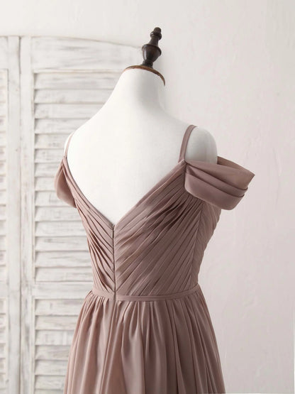 V Neck Dark Champagne Chiffon Long Prom Dress Bridesmaid Dress