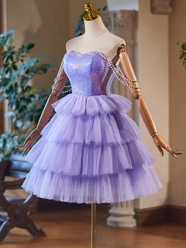 A-Line Tulle Sequin Purple Short Prom Dress Purple Homecoming Dress