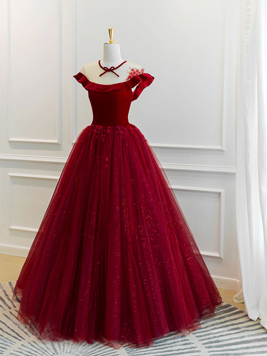 Burgundy tulle lace long prom dress burgundy tulle prom dress