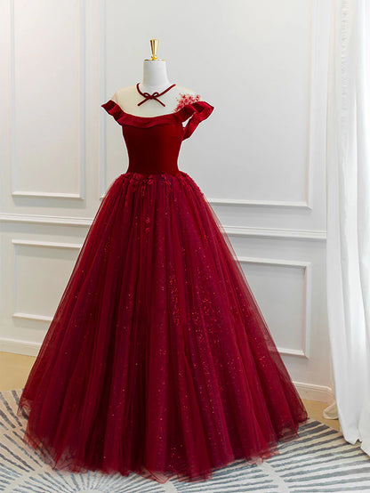 Burgundy tulle lace long prom dress burgundy tulle prom dress