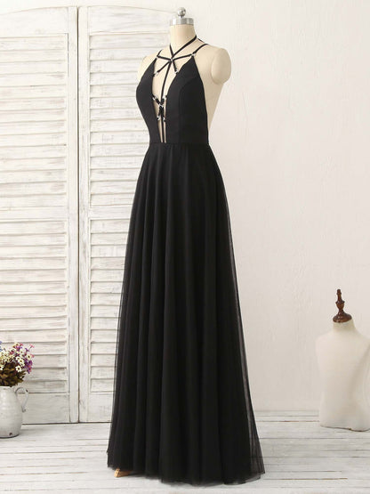 Tulle Backless Long Prom Dress Black Evening Dress