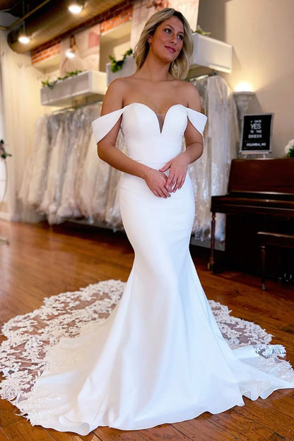 Lace-Trimmed Off-the-Shoulder Mermaid Long Wedding Dress