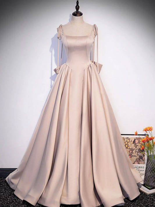 Champagne A-Line Satin Long Prom Dresses Champagne Formal Evening Dress