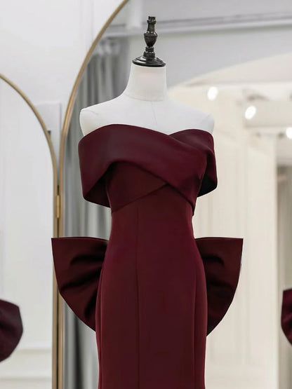 Simple Off Shoulder Satin Burgundy Long Evening Dresses Mermaid Long Evening Dress
