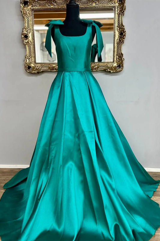 Emerald Square Neck Bow Strap Prom Dress