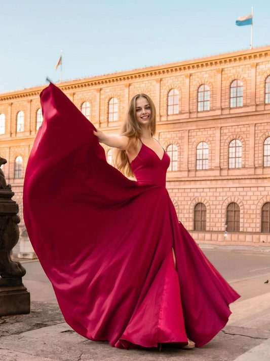 Simple V Neck Satin Dark Red Long Prom Dress Red Satin Evening Dress