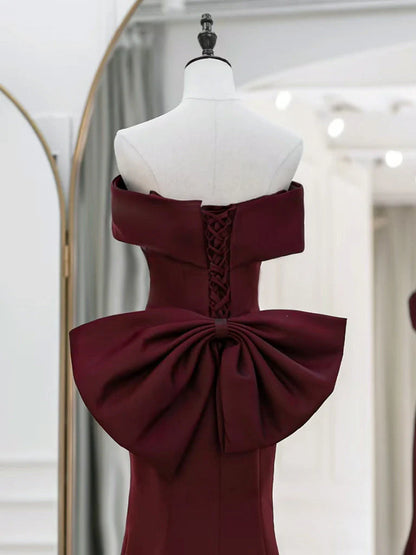 Simple Off Shoulder Satin Burgundy Long Evening Dresses Mermaid Long Evening Dress