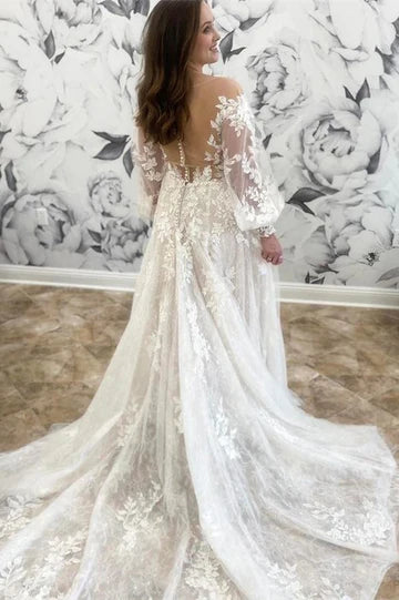 Appliques Round Neck Long Sleeve A-Line Wedding Dress