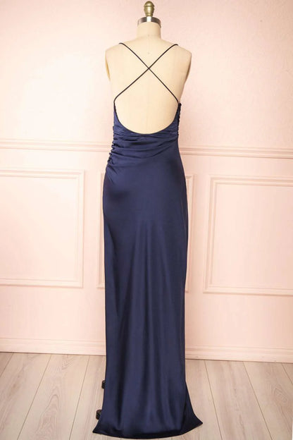Navy Blue Cross-Back Sheath Maxi Dress