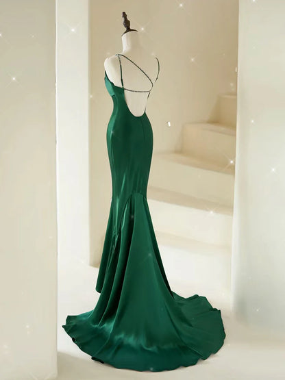 Mermaid V Neck Satin Green Long Prom Dress Green Satin Long Formal Evening Dress