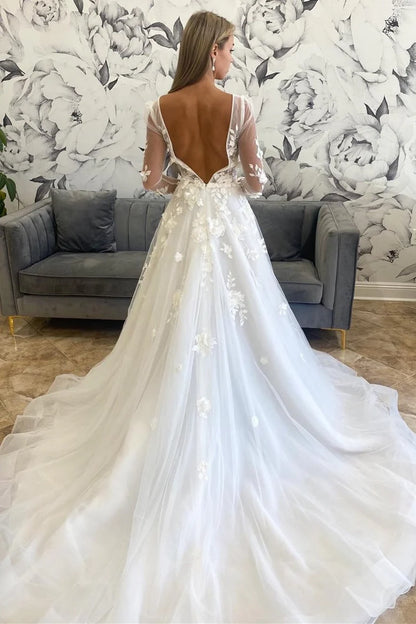 White Floral Plunging Neck Backless Wedding Dress