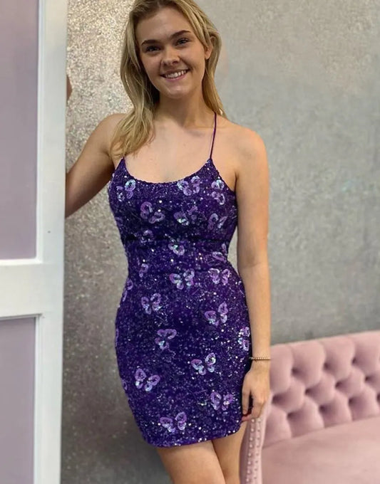Advanced Deep Purple Italian Noodle Strap Sparkling Butterfly Back to School Dress