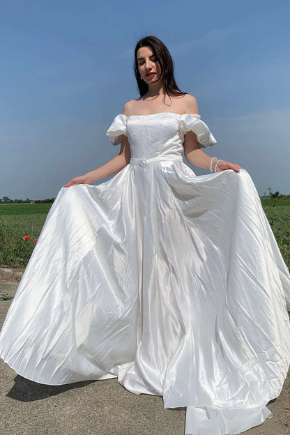 Off-the-Shoulder Puff Sleeve A-Line Long Wedding Gown