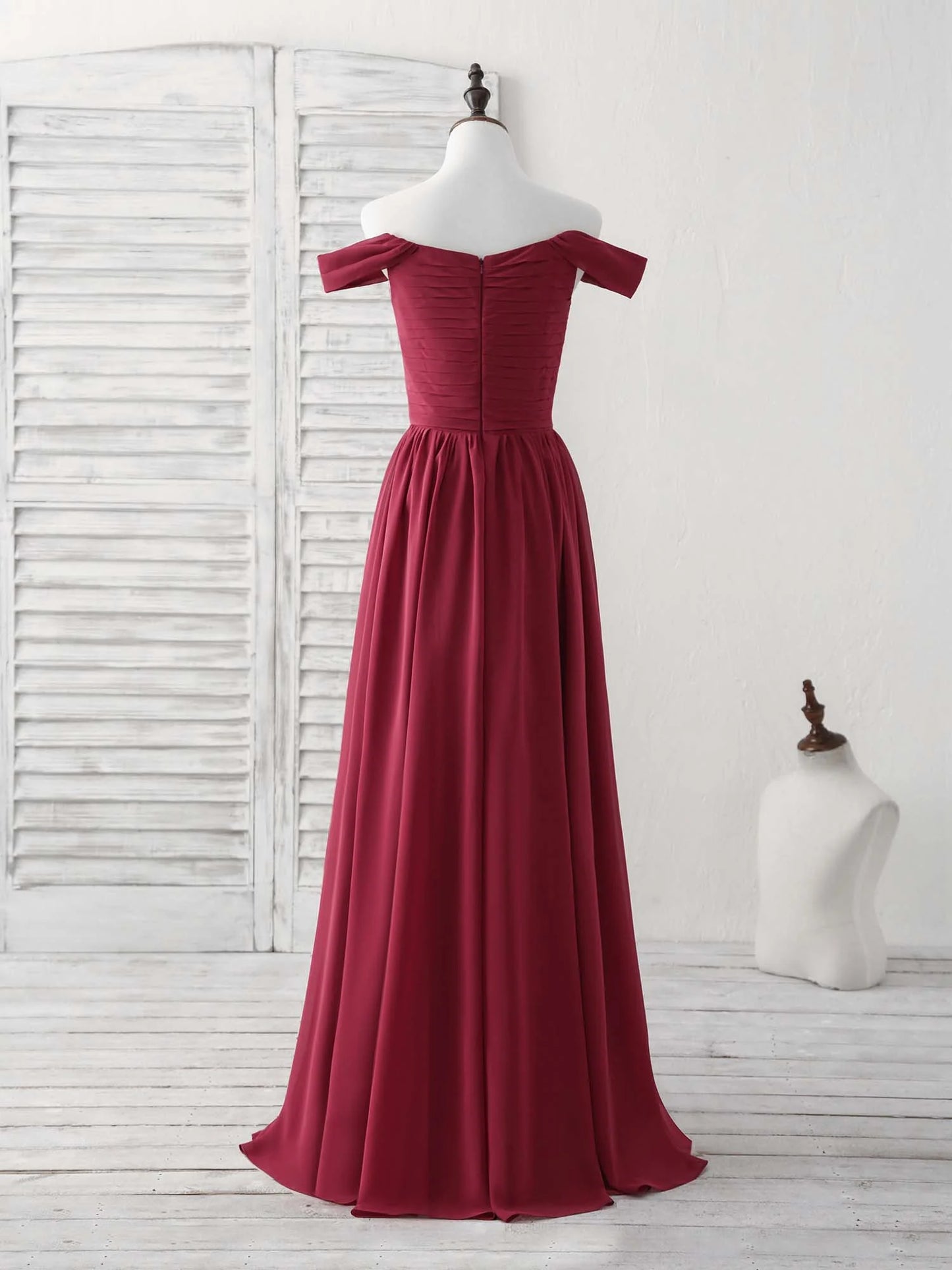 Chiffon Off Shoulder Long Prom Dress Burgundy Bridesmaid Dress