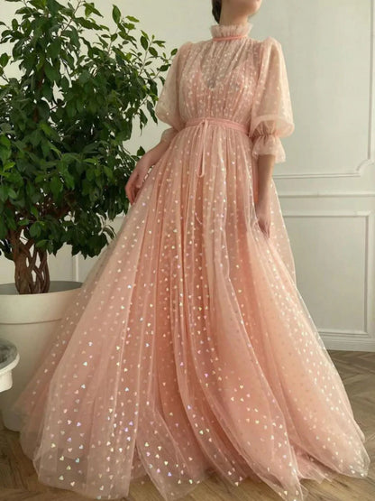 Pink high neck tulle long prom dress  pink tulle prom dress