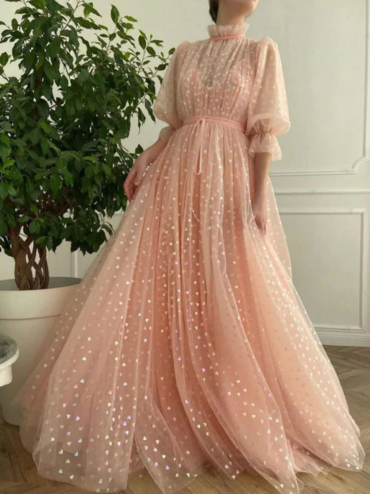 Pink high neck tulle long prom dress  pink tulle prom dress