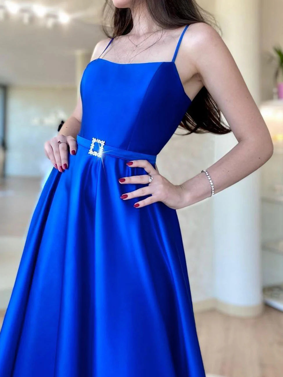 Simple Blue Satin Long Prom Dresses Blue Formal Evening Dress