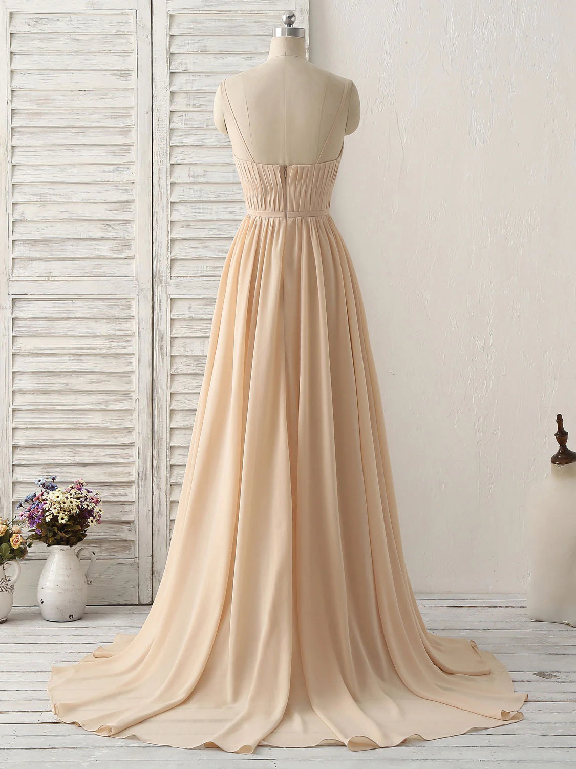 Champagne Long Prom Dresses V Neck Chiffon Bridesmaid Dress