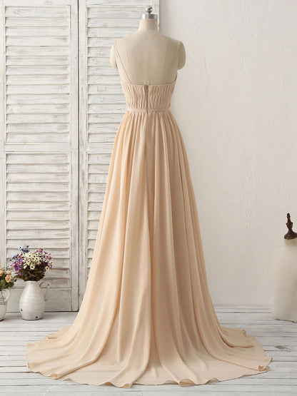Champagne Long Prom Dresses V Neck Chiffon Bridesmaid Dress