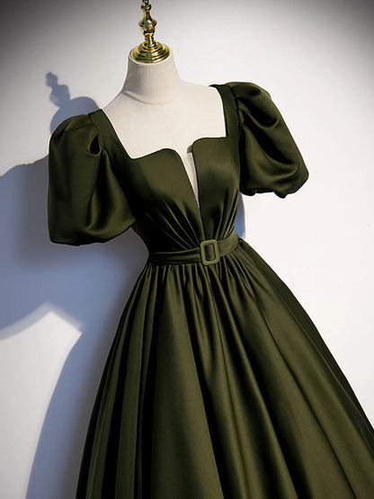 Green Satin A Line Long Prom Dress Green Formal Evening Dress