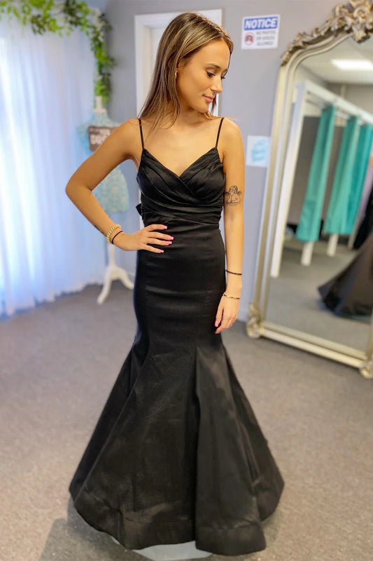 Surplice Pleated Straps Long Prom Dress with Bow