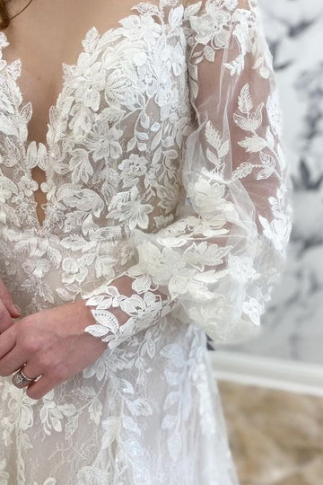 Appliques Round Neck Long Sleeve A-Line Wedding Dress